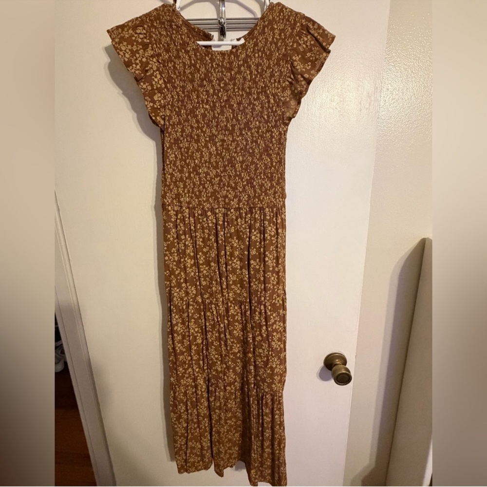 mine Brown Floral Maxi Dress with Ruffle Sleeves